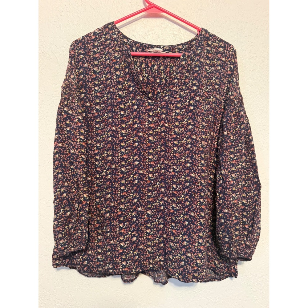 Caslon Womens Floral Split V-Neck Rayon Blouse Navy Orange Fall 2021 Large